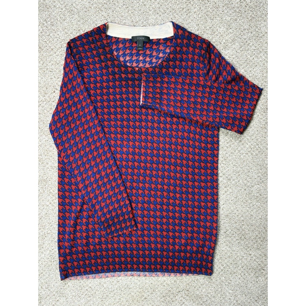 J. Crew Sweater Women's Small 100% Merino Wool Tippi Blue Red Houndstooth F8262 - Picture 2 of 9
